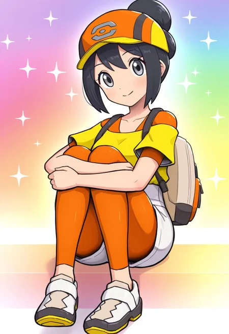 hinosaki, [[pokemoa, gonzarez]], 2d, masterpiece, best quality, amazing quality, 1girl, solo, close-up, sitting, hugging own legs, lower body, foot focus, looking at viewer, multicolored background, sparkle, rainbow background, colorful background, pkbettie, fiery style, black hair, grey eyes, short hair, sidelocks, bangs, hair bun, baseball cap, orange headwear, yellow shirt, collarbone, orange undershirt, short sleeves, off-shoulder shirt, high-waist shorts, white shorts, orange leggings, leggings under shorts, beige backpack, shoes, white footwear, brown footwear, poryphone