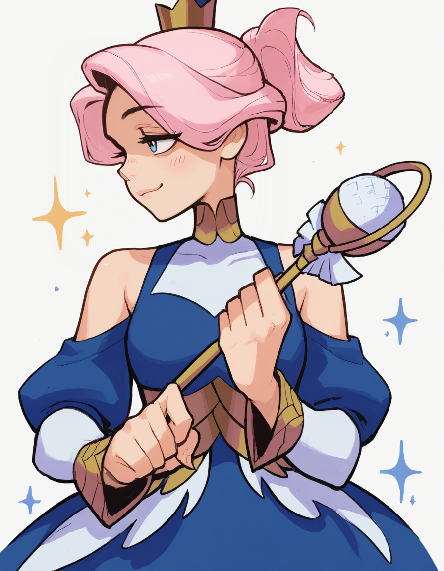 score_9, score_8_up, score_7_up,
lvshh2rm0nie,1girl, solo, 
mini crown,single hair bun,  pink hair, blue dress,
 smile, :3, profile, upper body, closed mouth, smug,  holding wand,
<lora:Harmonie_Pony_lvsh:1>