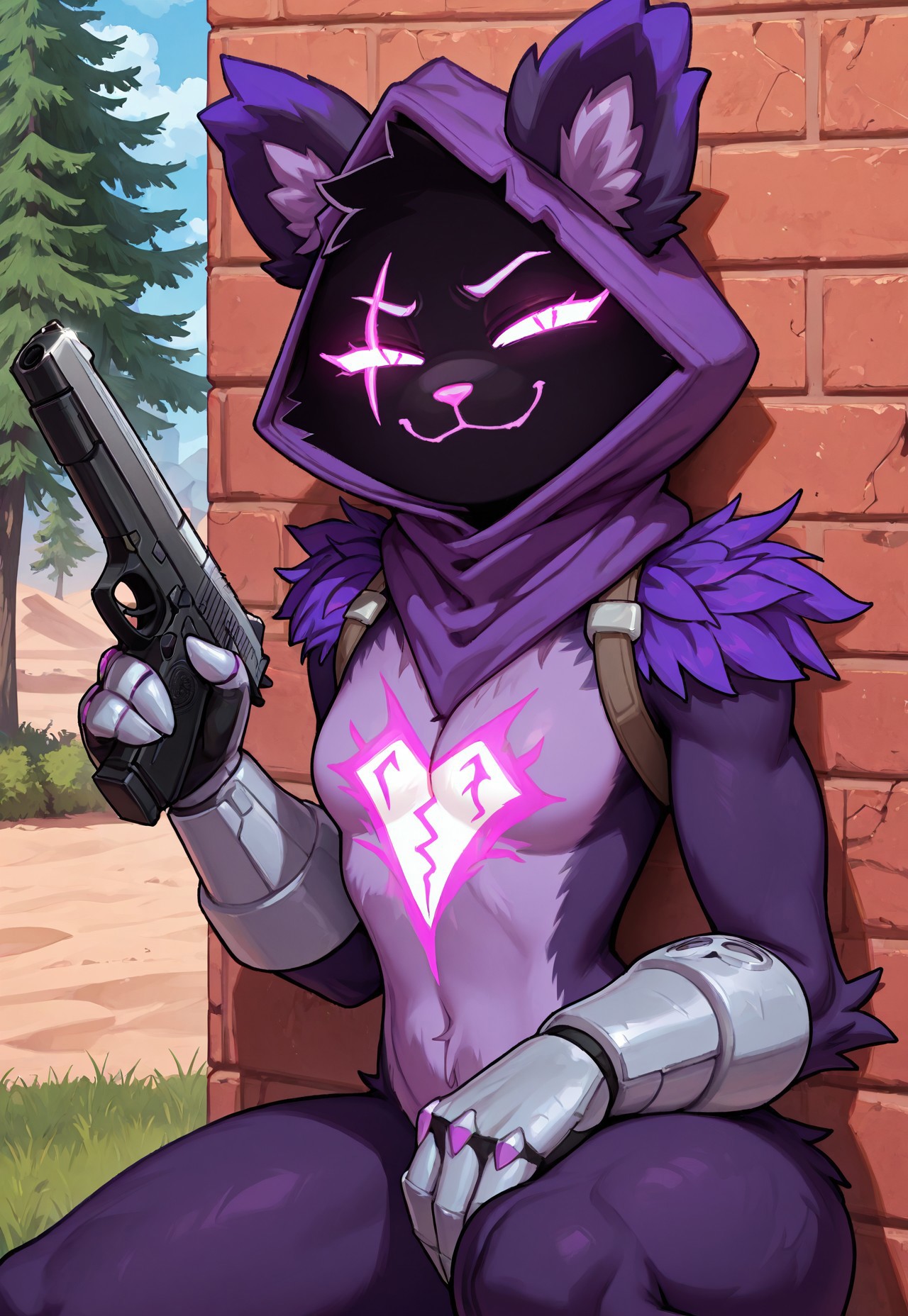 masterpiece, best quality, holding desert eagle, green bushes, one knee, behind wall, brick wall, 1girl, Raventlxl, anthro, smug, animal ears, hood, shadow face, purple body, glowing eyes, gauntlets, belts, feathered shoulders, chest tattoo, eye scar, upper body, looking at viewer, outdoors, tree, sunny
