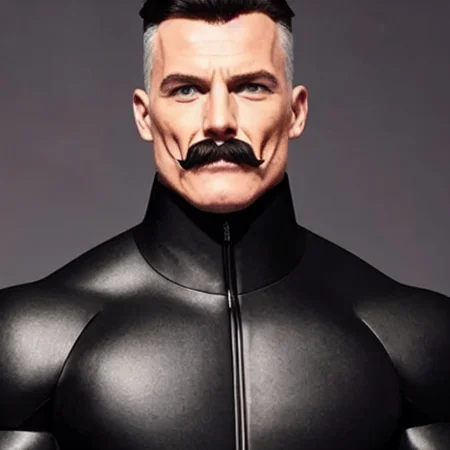 nvinkpunk, man,<lora:omniman:0.6>, mustache, muscular, long black jacket, upper body close up,