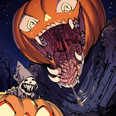 score_9, score_8_up, score_7_up, Halloween, (Jack-o'-lantern:1.3), teeth, teeth, bone, night, big mouth, Eldritch abomination, dripping saliva