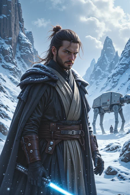 A hyper-realistic portrait, photorealistic photo close-up image of At the edge of a frozen wasteland on Hoth, a Jedi with deep brown skin and a weathered robe stands silently, his lightsaber ignited, the blue blade casting a soft glow against the blinding white snow. His breath forms small clouds in the freezing air, and the wind howls around him, kicking up flurries of ice and snow that swirl like specters. In the distance, the remnants of an AT-AT lie half-buried in the snow, its once-mighty frame now a twisted, broken hulk of metal. The Jediâs expression is one of calm focus, his eyes narrowed as he senses the presence of an enemy nearby. Behind him, the snow-covered mountains rise like jagged teeth, their peaks lost in the swirling storm clouds overhead. The cold is biting, yet the Jedi stands unmoving, the Force flowing through him like a warm current, guiding his every breath. His gloved hand grips the hilt of his lightsaber tightly, ready for whatever may come. The scene is one of quiet intensity, where the unforgiving elements of the frozen world stand in stark contrast to the inner peace of the Jedi. (photography, high-resolution, dynamic, energetic,hyper-realistic, dramatic lighting, shallow depth of field.), detailmaximizer, MythP0rt<lora:midjourney_whisper_flux_lora_v01:0.55><lora:aidmaMJ6.1-FLUX-V0.1:0.4><lora:FluxMythP0rtr4itStyle:0.4><lora:detailed_flux_ntc:2.2><lora:aidmaImageUpgrader-FLUX-V0.1:0.65>