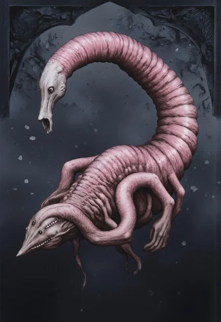 MikeFranchinastyle, Surreal art, d4artstyle, d4concept, , made of clay, aidmaMJ6.1, ZBClay model of a gray sculpture, berserk style, H.R. Giger,
a hyper-realistic depiction of a twisted, parasitic creature suspended in a dim, hazy atmosphere. The creature has a worm-like body with a fleshy, translucent pink texture, emphasizing the organic ridges and folds along its form. Its head, tapering into a blunt shape, houses small, predatory eyes and a row of thin, needle-like teeth protruding from its mouth, giving it an unsettling appearance. The lighting is soft, casting subtle highlights along its curved body, accentuating the almost wet, sinewy texture. Fine particles float around it, adding depth to the murky background and creating an eerie space-like ambiance, as if captured in an unsettling, depths environment.
Background solid color with a faded dimly lit, fog-covered darkness tone that emphasizes its silhouette. The medium is not a traditional painting or illustrative medium like watercolor or ink but rather a digital rendering, eerie and unsettling.