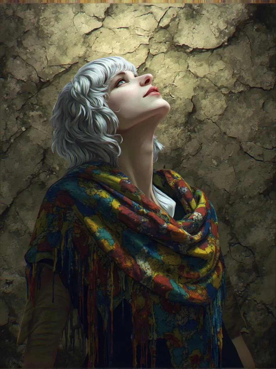 <lora:ck-LttleGhost-000011.safetensors:1> in the style of ck-lttlegh0stIn this haunting image, an aged woman with silver hair and pale skin gazes upward, enveloped in a desolate, cracked background. A kaleidoscope poncho, woven from threads of pure sunlight, clashes with the bleakness, imbuing her with an aura of hope and vitality.