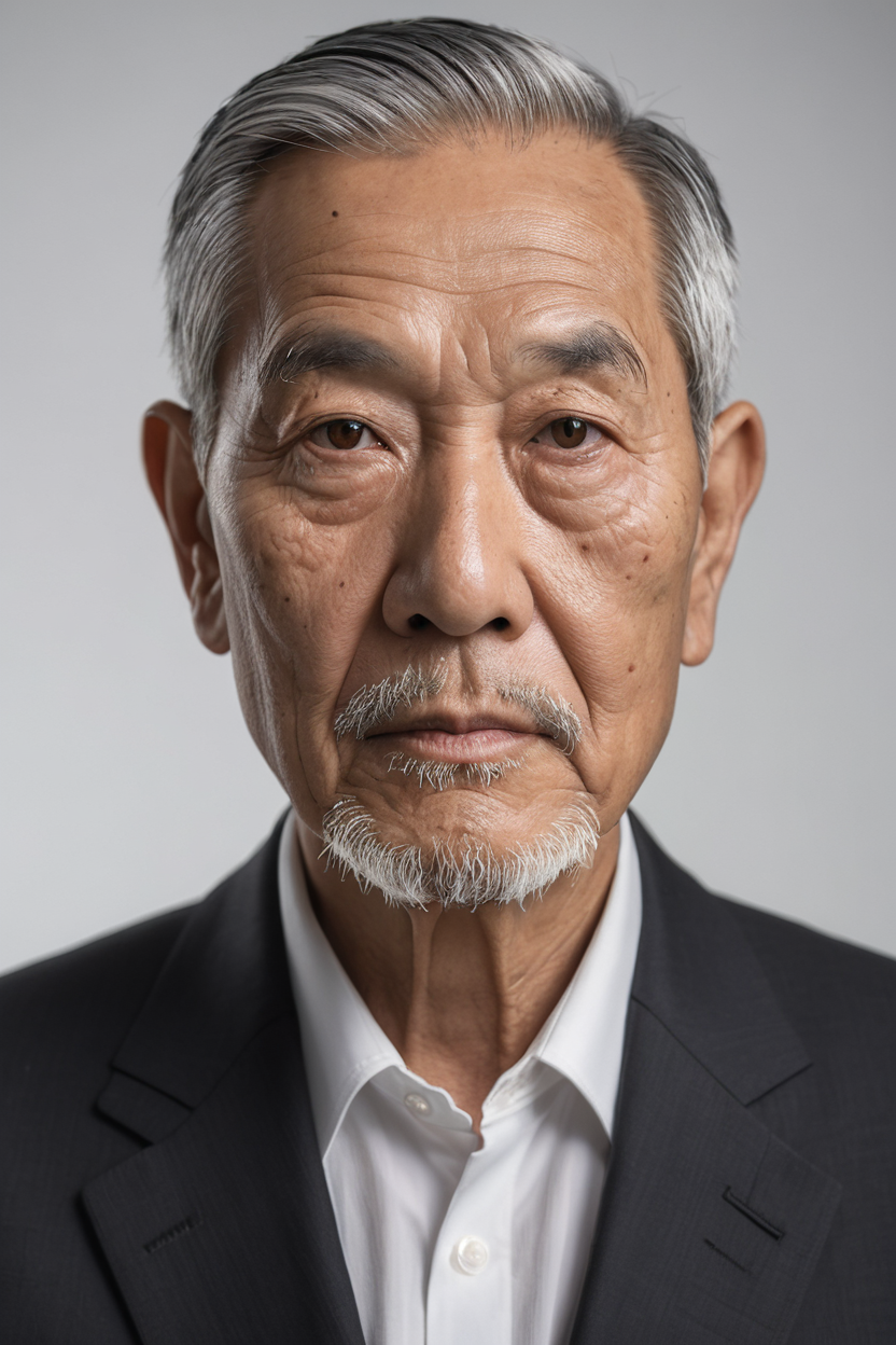 Realistic,Chinese old man portrait,upper body,short black hair,black eyes,indoors,white background,wearing a black suit,cool white lighting,looking at viewer,pale white beard,weathered facial wrinkles
