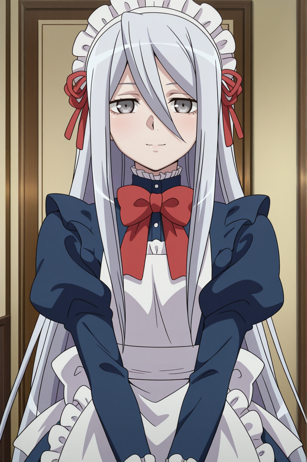 masterpiece, best quality, absurdres, highres, source anime, very aesthetic, very awa, BREAK, anime coloring, anime screencap,
<lora:felli_loss_v2-illustrious:1>,1girl, felli loss, koukaku no regios, grey eyes, grey hair, 
blue maid, maid headdress,long sleeves, apron, bow, 
BREAK, looking at viewer, light smile, 
BREAK,