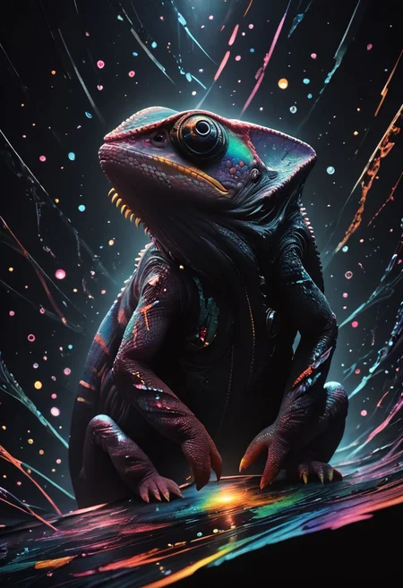 score_9, score_8_up, score_7_up, chameleon, lizard, feral, scales, realistic, abstract background, dark background, mad-neon-noir, noir, particles, colorful, zPDXL2
