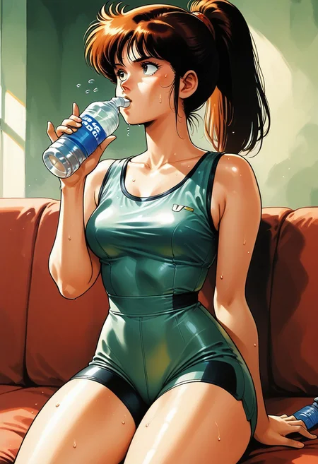 score_9, score_8_up, score_7_up, source_anime,
1girl, white bike shorts, green leotard, ponytail, sitting, drinking, water bottle, holding bottle, water drops, skindentation, living room, sweat, flying drops, solo,
EnD_1980s_Style, 1980s (style), retro artstyle, d3t41l3d,