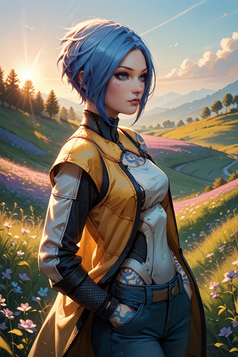 score_9, score_8_up, score_7_up, score_6_up
<lora:BLMaya:1.0>
BLMaya, 1girl, blue hair, short hair, blue eyes, tattoo, standing in a field of lavender, hands in pockets, slight breeze blowing hair, warm golden hour sunlight, serene and peaceful mood