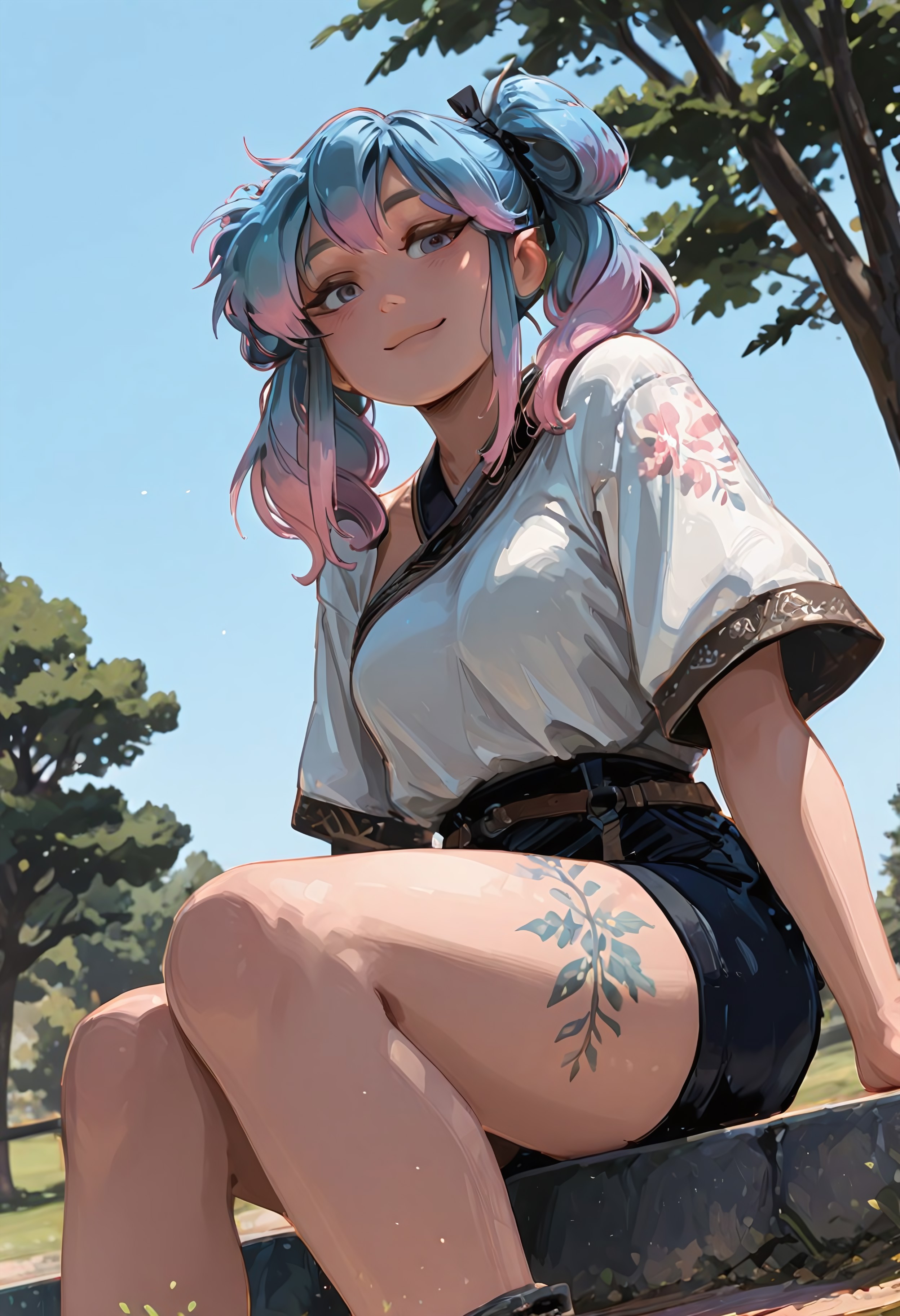 woman, detailed face, detailed eyes,
warm smile,
sidelocks, gradient hair, pink blue hair,
twintails, drill hairstyle,
looking at viewer,
leg tattoo, arm tattoo, sit, ledge,
baggy clothes,

simple background, park, trees, sky,
artistic view, artistic angle,

very awa, masterpiece, pastel,
748cmstyle, Bl3th3bn3_Styl3_SKNSFW,, Kenorland, si6_sty, lazypos