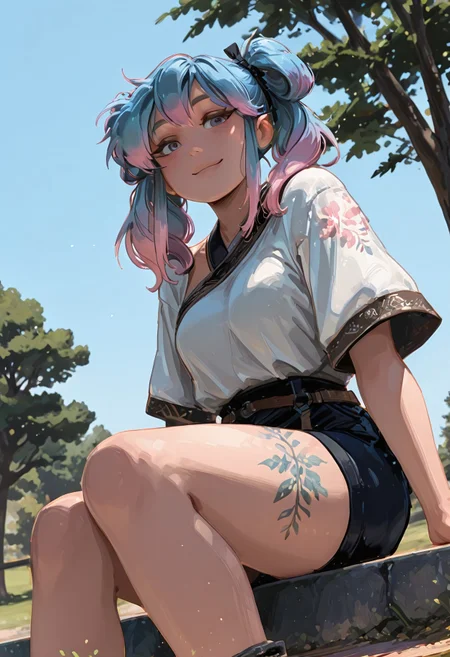 woman, detailed face, detailed eyes,
warm smile,
sidelocks, gradient hair, pink blue hair,
twintails, drill hairstyle,
looking at viewer,
leg tattoo, arm tattoo, sit, ledge,
baggy clothes,

simple background, park, trees, sky,
artistic view, artistic angle,

very awa, masterpiece, pastel,
748cmstyle, Bl3th3bn3_Styl3_SKNSFW,, Kenorland, si6_sty, lazypos