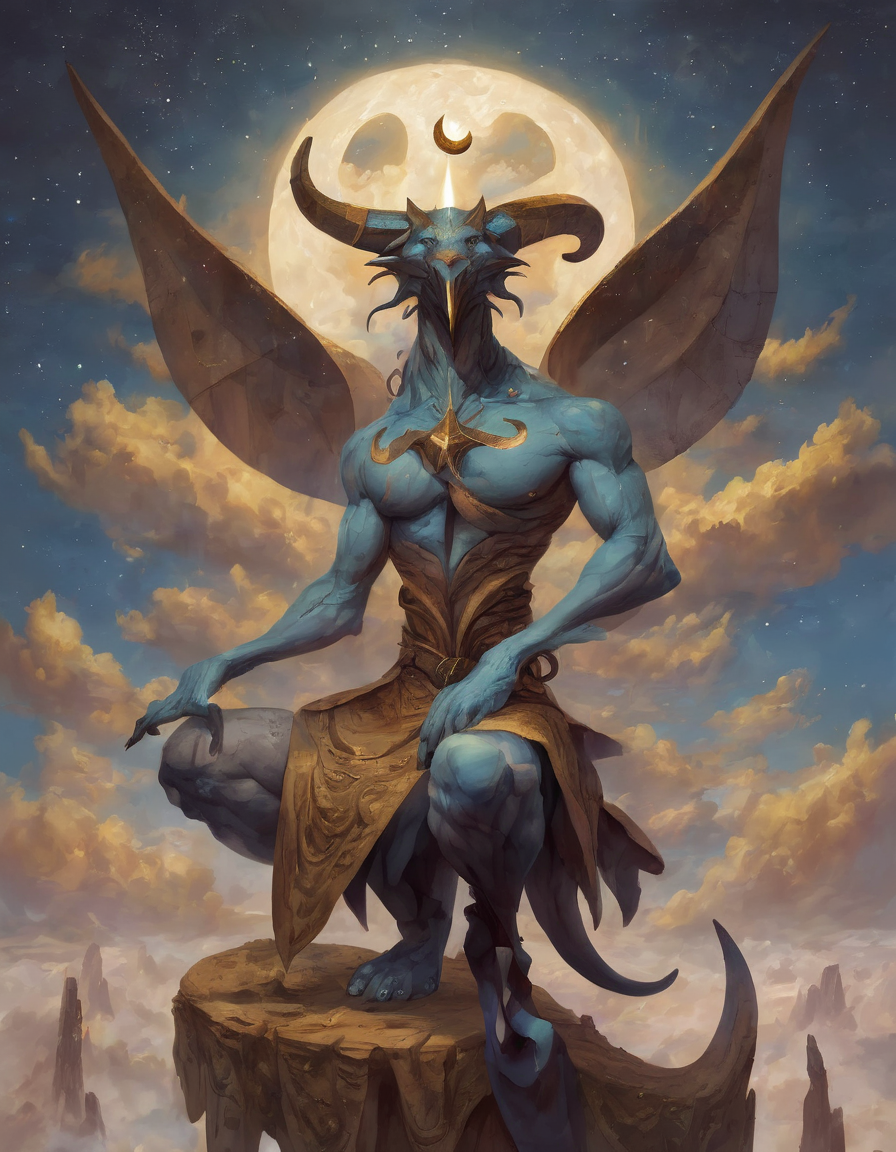 <lora:ptm0-000007:0.8>ptm0 a painting of a creature sitting on crescent moon shaped symbols with a sky background and clouds in the background, with a star in the sky, Clint Cearley, magic the gathering artwork, an ultrafine detailed painting, fantasy art