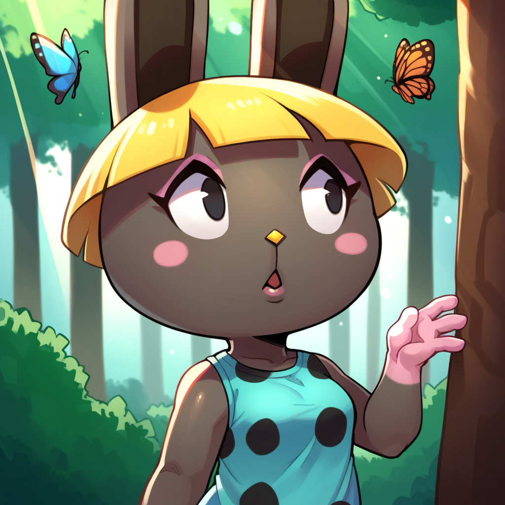zPDXL, score_9_up, score_8_up, score_7_up, best quality, source_anime, black background, forest, trees, rays, BREAK 1girl, solo, bonbon_(\animal_crossing), rabbit, lagomorph, anthro, yellow hair, grey fur, black eyes, aqua shirt, polka dot shirt, no sleeves,  bug, butterfly, parted lips, looking up, <lora:PDXL_Bonbon_AC:1>