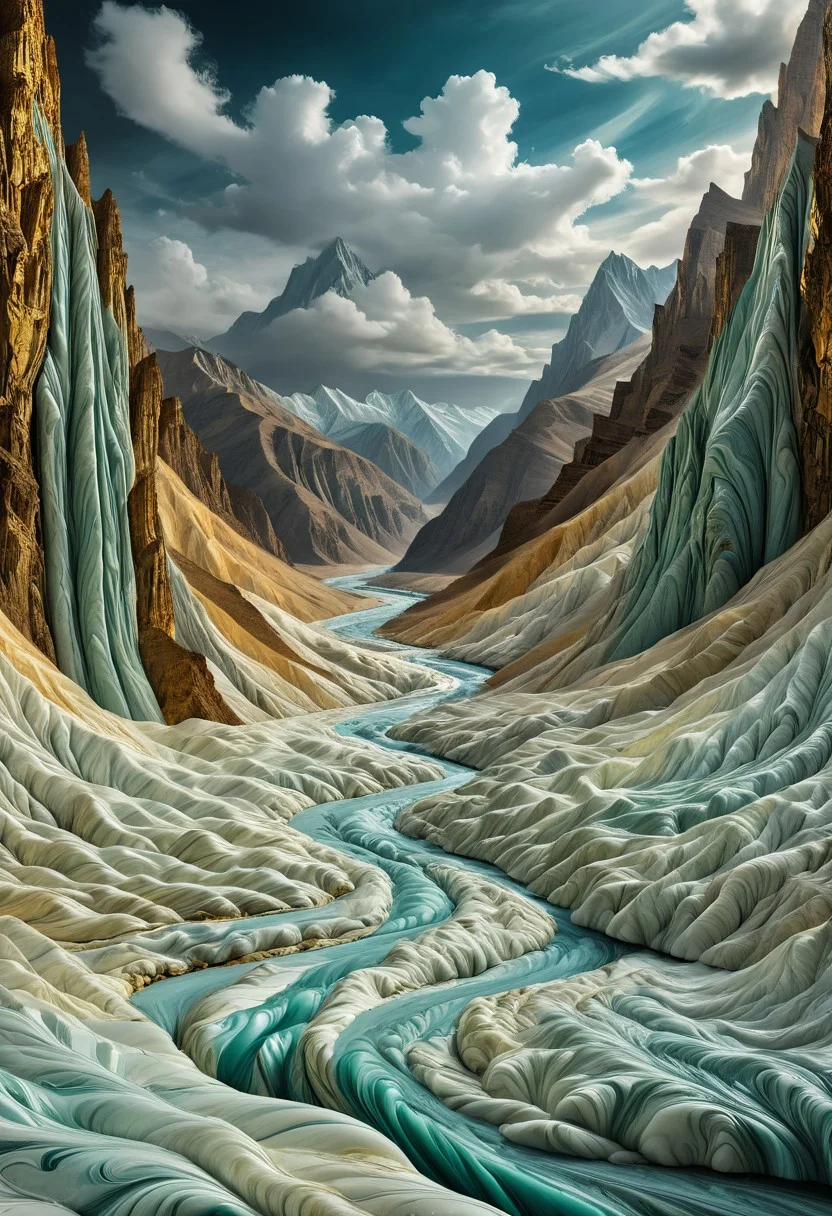 masterpiece, very aesthetic, absurdres, newest, landscape, valley, river, liquid marble moutains, clouds