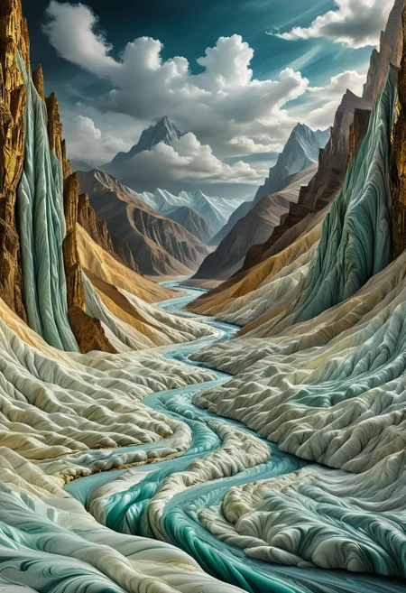 masterpiece, very aesthetic, absurdres, newest, landscape, valley, river, liquid marble moutains, clouds