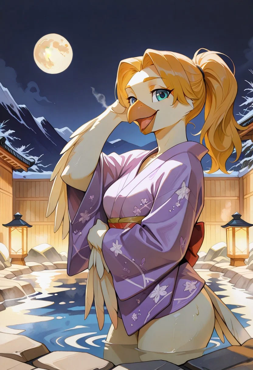 masterpiece, best quality, amazing quality, ultra quality, very aesthetic, absurdres, newest, watercolor \(medium\), traditional media,
1girl,solo, furry,anthro, littlewing:chocobo, avian, beak, light yellow fur, blue eyes, one-tone fur, feathers, long hair, light orange hair, ponytail, light orange eyebrows, narrow eyebrows, feathered arms,
anatomically correct, open mouth, tongue, happy face, happy eyes, completely open eyes, naked
short purple kimono,
side view, looking at viewer, greeting viewer, on water, ancient japanese hot springs, outdoors, night, steam, lamp, calm lights, moonlight, mountain chain, moon,