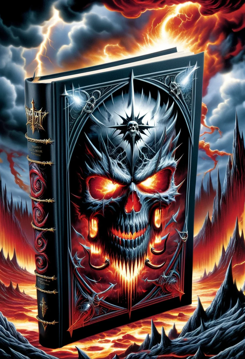 DonMD347hM374lXL large print book, spiral binding, debossing, essenzia (a potent fictional liquid), bookplates, death metal <lora:DonMD347hM374lXL:1>