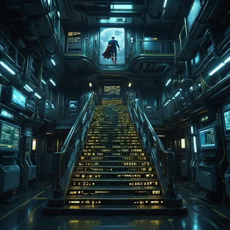 mboard artstyle, infinite staircase, Superman, Tokyo, Japan <lora:Motherboard artstyle - trigger is mboard artstyle:1>