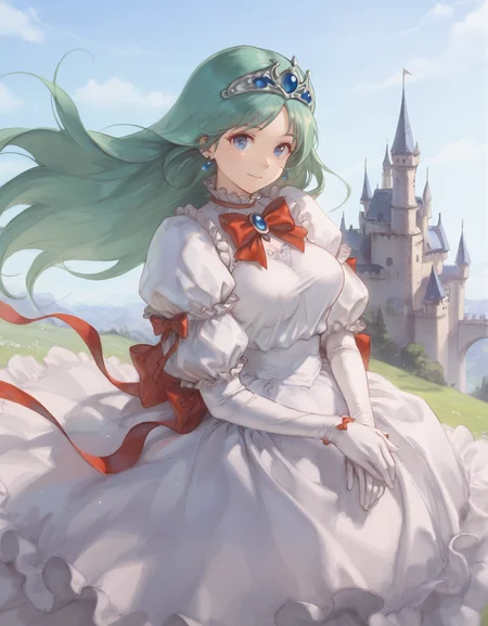 masterpiece, best quality, (heavy film grain:1.3), <lora:IL-o-StS_Age_Slider_Illustrious_v1:-1>, (fantasy world:1.4), (realistic:0.4), <lora:IL-g-1equals2_v1_5:0.5>, <lora:memento mori:0.5>, <lora:GraphiteSketch:0.3> gr4ph1t3, sketch, multiple angle,
(1 girl, solo:1.3), <lora:Princess_Melora_TwinBee_IS:1> Princess_Melora(TwinBee),1girl,solo, long hair, blue eyes, green hair, tiara, blue jewelry,large breasts,
elbow gloves, puffy sleeves, white dress, white gloves, frills, earrings, juliet sleeves, white gloves, red ribbon,, (smile quietly:0.7), wind, looking viewer, castle,