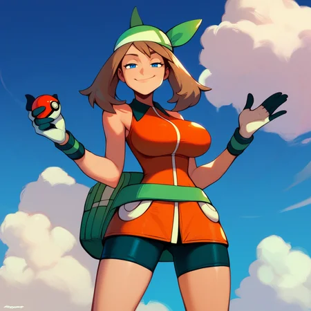 zPDXL2, score_9_up, score_8_up, score_7_up, masterpiece, detailed background, source_anime, blue background, clouds, (narrowed eyes, smug), 1girl, solo, may_\(pokemon emerald)\, brown hair, twintails, blue eyes, bandana, gloves, green bandana, orange jacket, green fanny pack, bike shorts, bare shoulders, looking at viewer, holding object, poke ball, <lora:PDXL_Mayerald_PKMN:1>