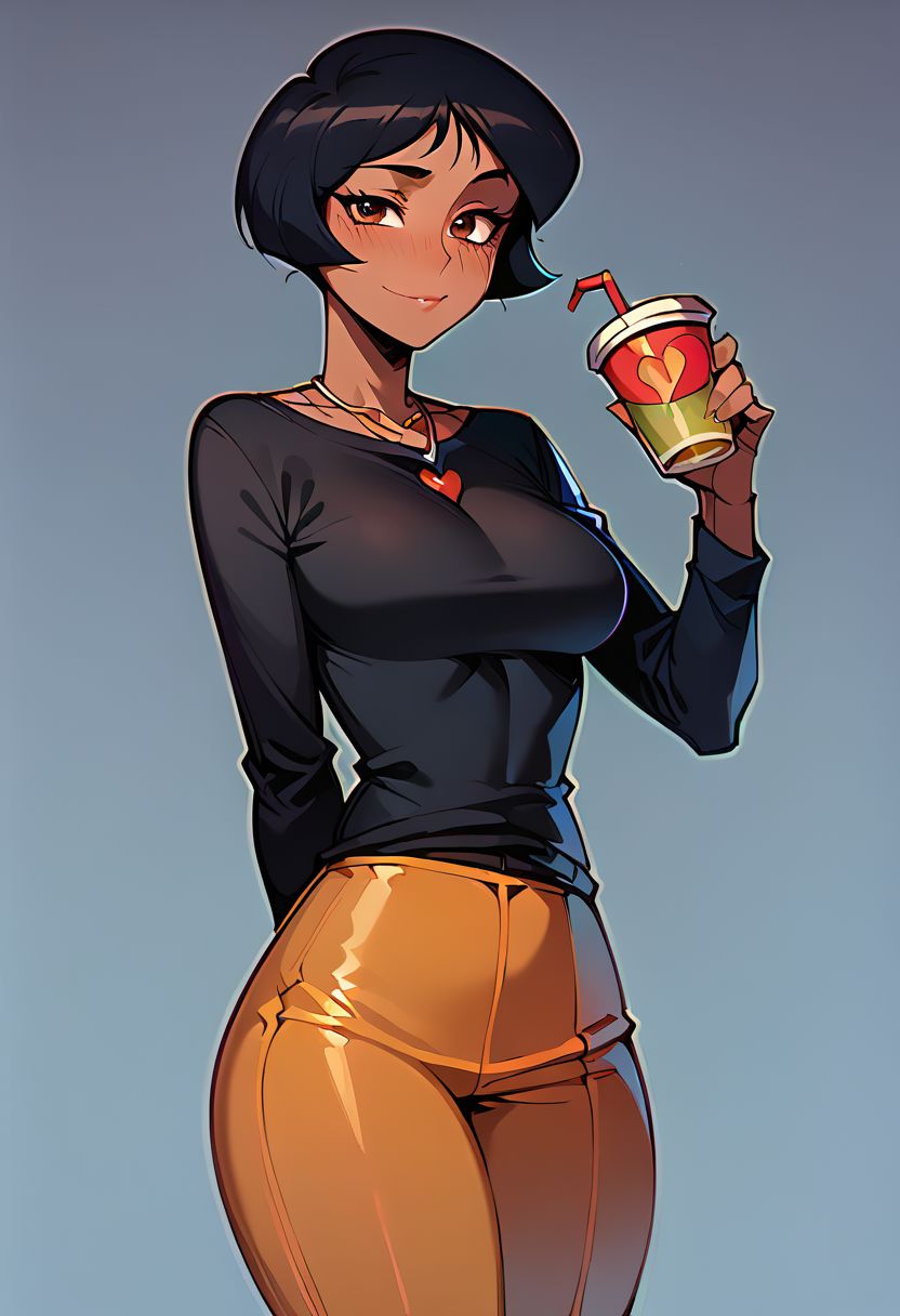 score_9, score_8_up, score_7_up, <lora:Smooth Style LoRA XL:0.4> <lora:Smooth Style 2 SDXL_LoRA_Pony Diffusion V6 XL:0.4> zPDXL 1grl, human, alex \(totally spies\), short hair, black hair, brown eyes, in a tight black sweater, heart necklace, portrait, cute, drinking tea