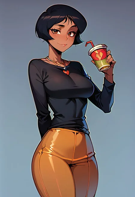 score_9, score_8_up, score_7_up, <lora:Smooth Style LoRA XL:0.4> <lora:Smooth Style 2 SDXL_LoRA_Pony Diffusion V6 XL:0.4> zPDXL 1grl, human, alex \(totally spies\), short hair, black hair, brown eyes, in a tight black sweater, heart necklace, portrait, cute, drinking tea