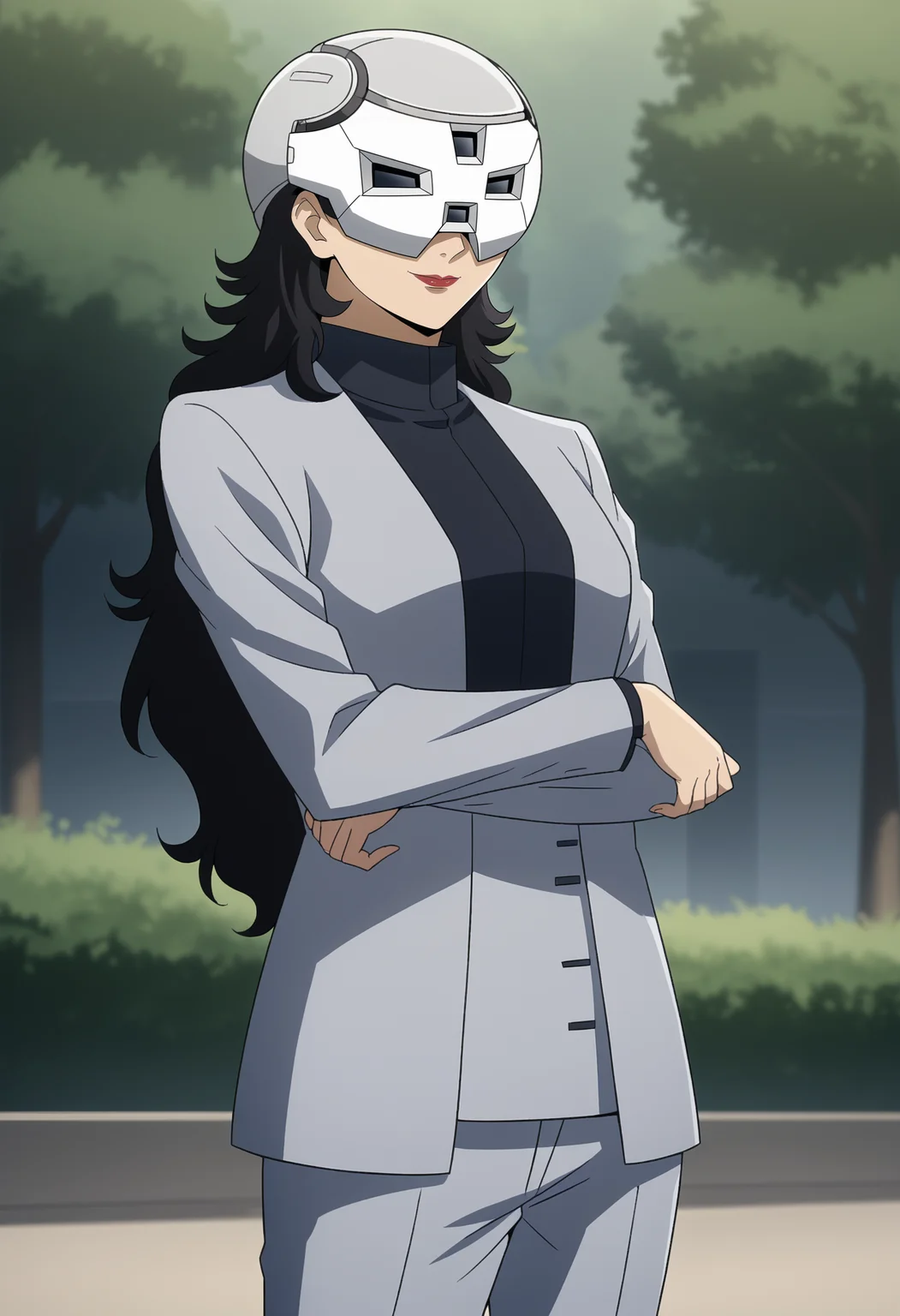 <lora:Prospera_Mercury-Suisei_no_Majo:0.85>,prospera,1girl,solo,black hair,long hair,mask,helmet,lipstick,helmet over eyes,
formal,pants,crossed arms, standing, cowboy shot, looking at viewer, smile,outdoors