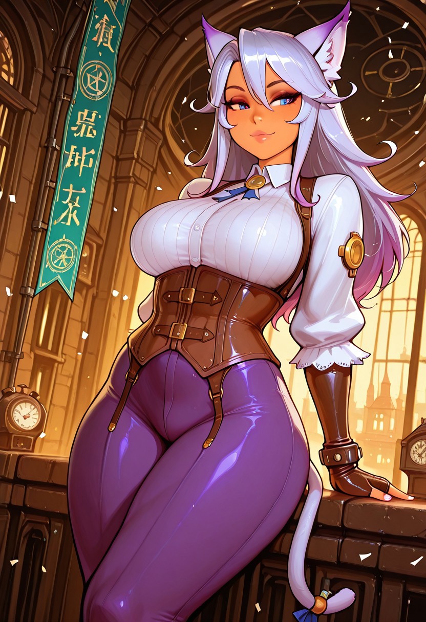 masterpiece, best quality, amazing quality, very aesthetic, absurdres, newest, bright, background, masterpiece, best quality, amazing quality, very aesthetic, volumetric lighting, BREAK ambient occlusion, intricate background, low lighting, rim light, (beautiful face), BREAK masterpiece, highly detailed,1girl, beautiful eyes, big eyes, detailed eyes, detailed pupils, perfect body, BREAK a felineko girl in steampunk industrial fantasy clothe look a clocktower form a street point of view balcony, silver hair, heterochromia eyes, yellow& bleu iris eyes, steampunk town, clock tower in city background, industrial clothe, corset, leather fingerless glove, pant, furry girl, mature female, adult, adult torso, little tail bronx, tail concerto, solatorobo, fuga melody of steel, feast day, confetti, banner, flying island in sky, fantasy \(theme\),Kittew Style (by nyantcha, by incase, by in (ain), by Kelvin Hiu, by Sorapoi, by omar dogan, by devilhs:0.7),  AddXL,Rubric Maxim,hrg1g3r4rhp,