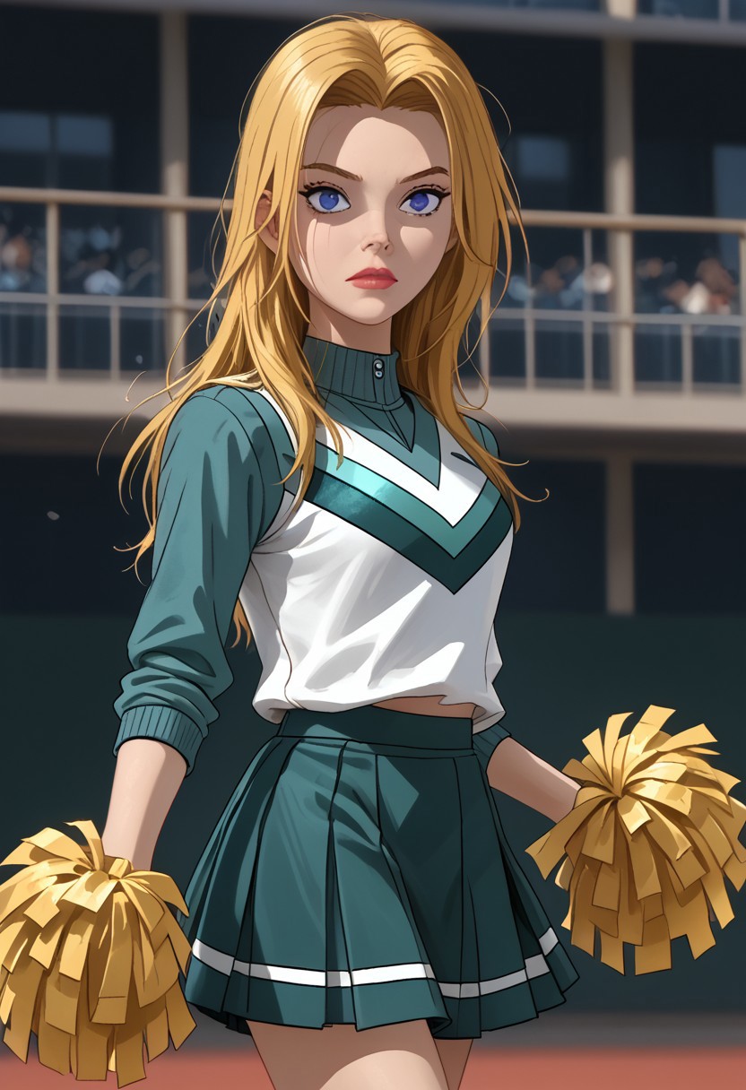 score_9, score_8_up, score_7_up, source_cartoon, highly detailed, intricate detail, high quality, HD, 8k, award-winning, masterpiece, ((upper body)), ((2d)), ((cartoon)),
((standing in a sports ground, cheerleading)), diffuse lighting, ((perfect face, detailed face)),
((portrait photo)),
1girl, solo, ((female focus)),
((spectspmansallyavril, blue eyes, blond hair, long hair, parted hair, cheerleader uniform, shirt, skirt, short skirt, sneakers)),