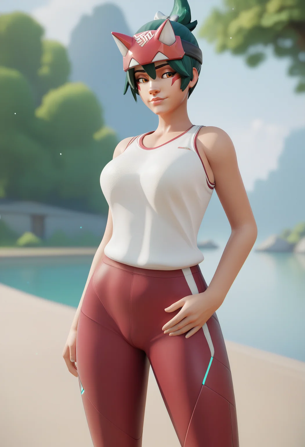 score_9, score_8_up, score_7_up, <lora:fugtrup-guy-PONY-LyCORISv1:1>, 3d, 1girl, solo, kiriko \(overwatch\), green hair, basketball jersey, depth of field,