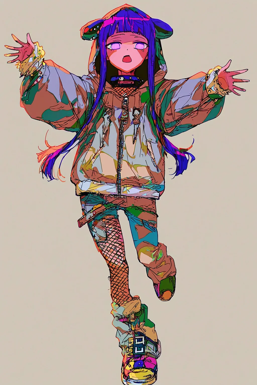 score_9, score_8_up, score_7_up, hyuuga hinata, blunt bangs, blunt ends, denim, fishnet top, fishnets, full-length zipper, grey hoodie, hood, hoodie, jeans, long hair, long sleeves, no pupils, purple eyes, purple hair, purple hoodie, two-tone hoodie, solo, solo focus, cowboy shot, white background, Reaching out to touch a flower, exuding wonder and appreciation., <lora:mizucx:2>
