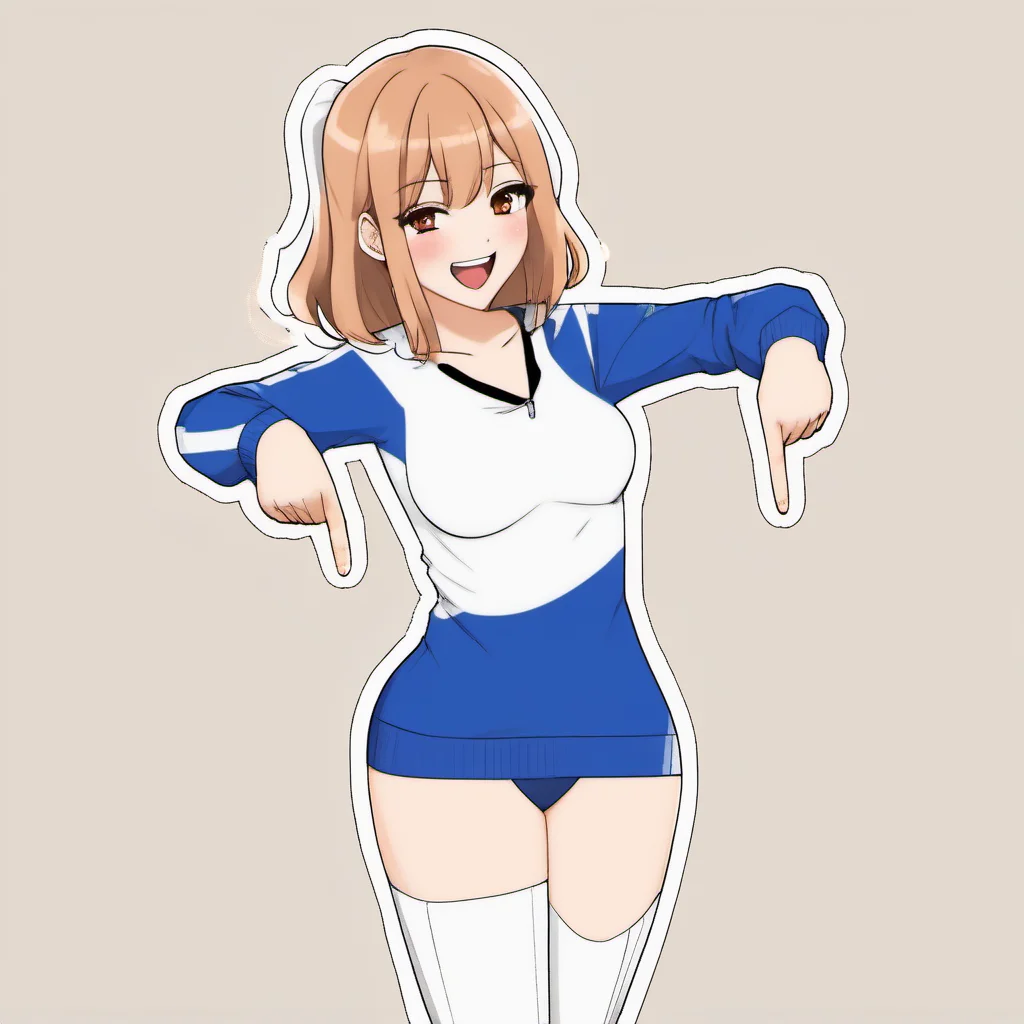pointingdown, 1girl, pointing down, legs hidden, no background, <lora:pointingdown:1>, two hands pointing, smile, open eyes, Bright Colors, Animated, Animation, Cartoon, Anime, Anime Face, Waifu, 2D, Visual Novel, Manga, Comic, Cel-Shaded, (Massive Breasts:1.2), (Cleavage:1.1), (Mature Female:1.1), Skimpy Clothing, Wide Hips