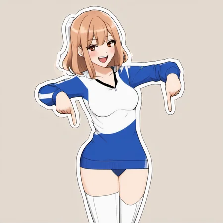 pointingdown, 1girl, pointing down, legs hidden, no background, <lora:pointingdown:1>, two hands pointing, smile, open eyes, Bright Colors, Animated, Animation, Cartoon, Anime, Anime Face, Waifu, 2D, Visual Novel, Manga, Comic, Cel-Shaded, (Massive Breasts:1.2), (Cleavage:1.1), (Mature Female:1.1), Skimpy Clothing, Wide Hips