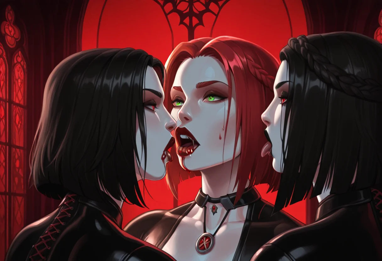 masterpiece, best quality, amazing quality, very aesthetic, absurdres, newest, gothic church background, red glow from windows, 3girls, kiss, tongue, hugging, blood on lips, blood swapping, <lora:bonifasko_ill:0.6>, <lora:pumpsNew:0.8>,\n
selene_vaako, 1girl, black catsuit, corset, pale skin, black hair, light blue eyes, plump lips, unzipped catsuit, vampire, licking blood, <lora:Selene:0.8>\n
BRayne, 1girl, red hair, short hair, green eyes, lipstick, choker, necklace, corset, elbow fingerless gloves, blood on cheeks, vampire, <lora:ILBRayne:0.85> \n
ccserana, 1girl, double crown braid,black hair,medium hair,red eyes,mascara,slit pupils,black lips,black nails, black hooded cape, vampire, licking blood, <lora:NS1:0.8>