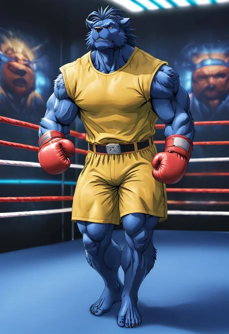 (((Barefoot furry character, full body, cinematic setting, furry male, plantigrade)))
Beast from X-Man, muscular, beefy, brawny, black and yellow shorts, black and yellow t-shirt, standing in boxing ring, kick-box stance
BREAK, detailed background, 8K, (masterpiece:1.5), intricate details, highly detailed, extreme detail, octane render, fine art, best quality, highres, (detailed face:1.5), ((full_body)), UHD, (((perfect hands))), low light