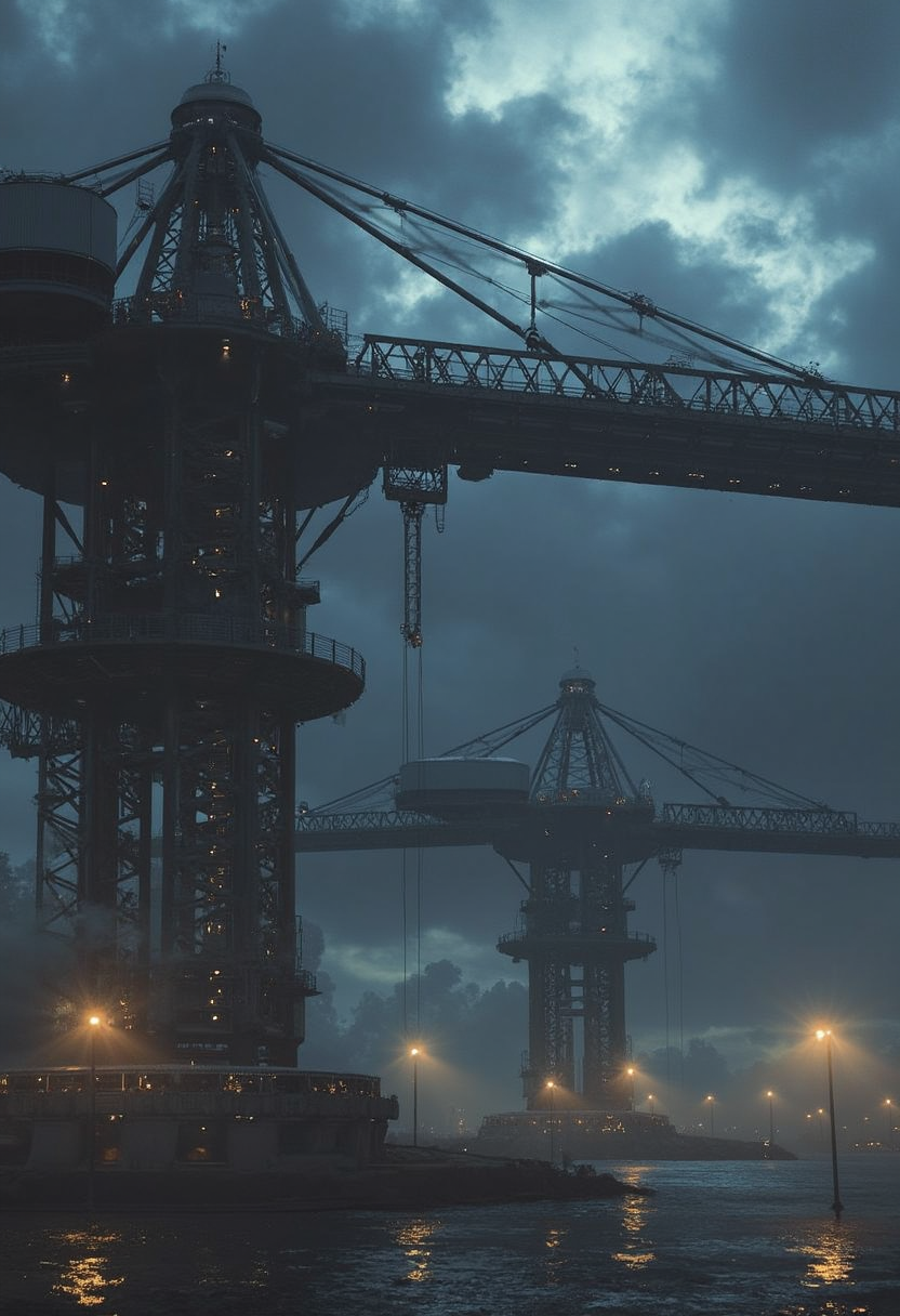 yfg-l3ms, YFG-L3ms oversized cargo lifts hoisting immense steel girders, swirling dust motes illuminated by overhead searchlights