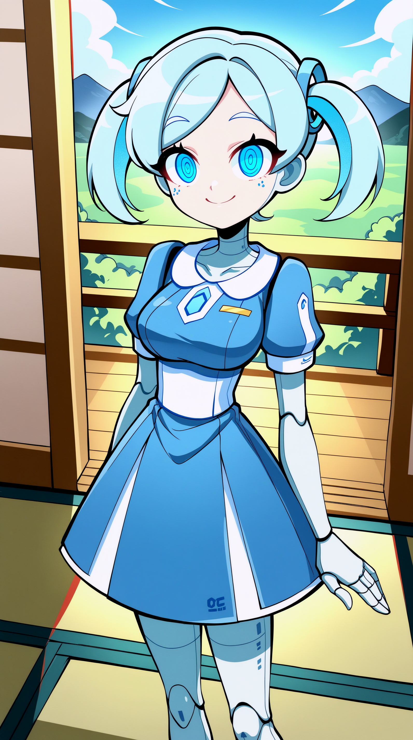 masterpiece, best quality, amazing quality, aesthetic,  absurdres, best quality, 4k, upscale, indoors, tatami, sky, landscape, Robo-Alice, 1girl, solo, android, joints, smile, robot joints, twintails, dress, blue eyes, looking at viewer, blue hair, standing, breasts, ringed eyes, closed mouth, blue dress, pose,  <lora:Robo-Alice_IL:0.8>