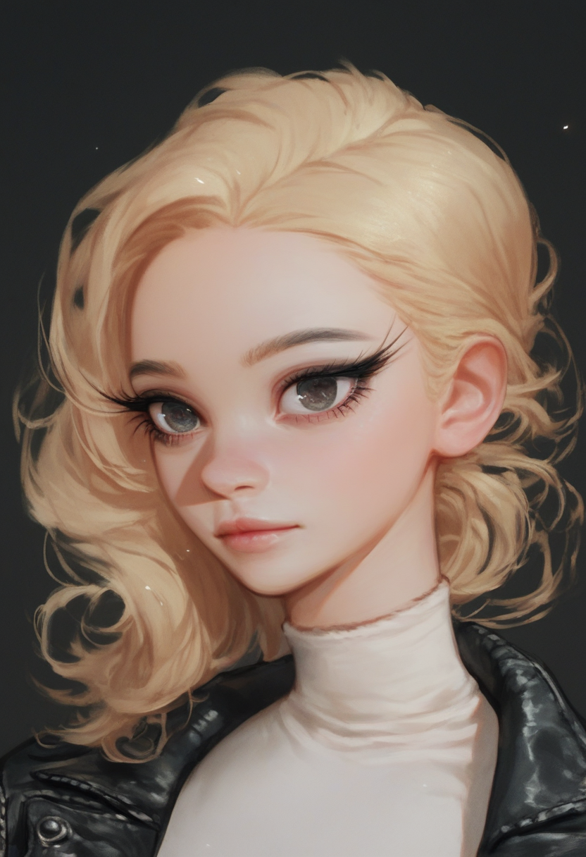 <lora:kyuyong-v2:0.9> kyuyongeom, score_9, score_8_up, score_7_up, 1girl, solo, perfect face, cute face, black eyeliner, long eyelashes,  long blonde hair,  wearing leather jacket, white shirt,  slim waist, black pants, upper body, city black background