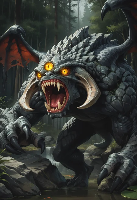 score_9, score_8_up, score_7_up, score_6_up, score_5_up, score_4_up, BREAK, roshanpdxl, teeth, monster, wings, sharp teeth, claws, yellow eyes, glowing eyes, solo, fangs, forest, rock, pond, open mouth, close up, shouting, attacking, standing, <lora:Roshan:0.7>