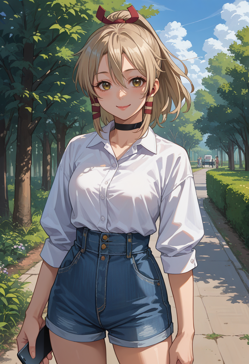 score_9, score_8_up, source_anime, 1girl, solo, Ukanomitama, long hair, high ponytail, hair ribbon, tress ribbon, white shirt, dress shirt, black choker, holding cellphone, denim shorts, high-waist shorts, outdoors, smile, <lora:ChamUkaPonyXL:1>