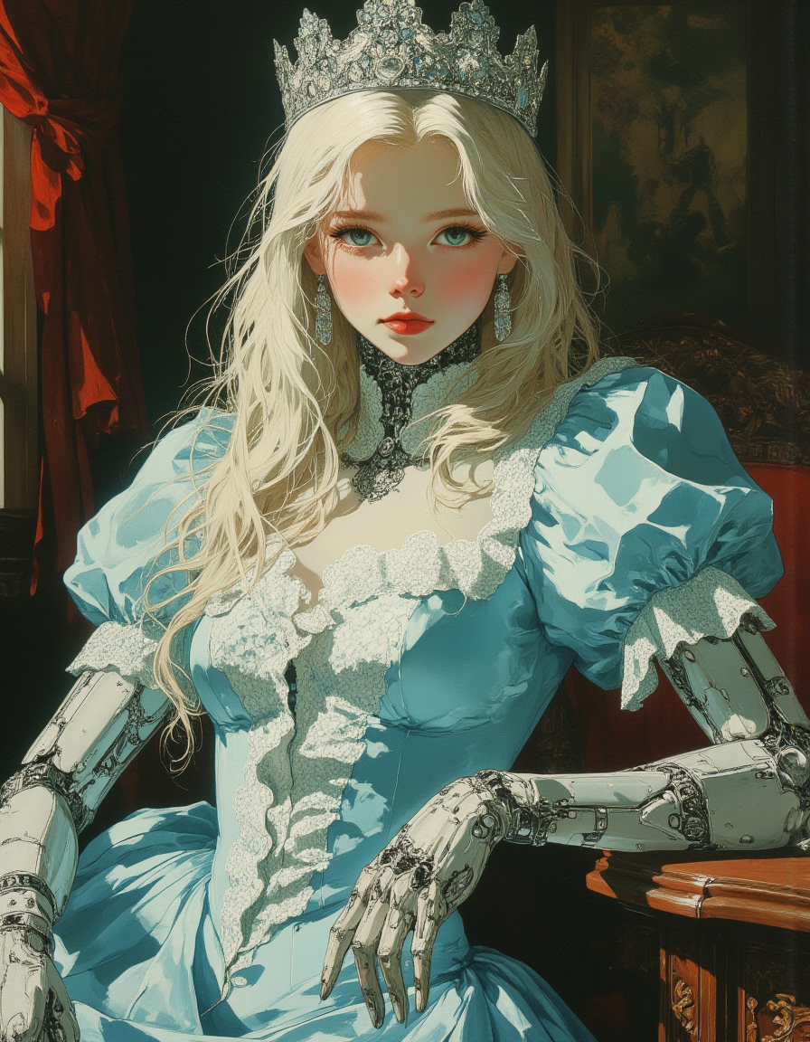 masterpiece, high quality, Oil Painting, Hyper-realistic, hyper-detailed picture of a HBClaflin style of a graceful tween android princess in Rococo dress, sitting at an antique table in the living room over a Rococo style house. Her arms, hands, and neck are robotic. She wears a silver and crystal crown. The princess is wearing an ethereal blue Rococo dress that is tightly corseted, hooped, and bustled. Her face is a pale, almost translucent white, and colorless except for her lips which are painted a vivid red.  The princess has a petite body, porcelain white skin, long flowing blond hair, and bright green eyes. She is graceful, poised, and sure of herself. Her delicate face has a soft yet confident expression with a slight smile, her eyes focused and alluring. She looks like a fashion model. Masterful painting, oil on canvas, Focus on the girl, shadow and light, Masterpiece, intricate lines, intriguing atmosphere, sharp magnificent details, delicate features, elaborate details, (2\3 rule composition:0.5), ultra detailed, romantic, Rembrandt lighting, brush stroke, lovely, del1cate_balance style, in the style of Rembrandt. vantablack <lora:style_of_Rembrandt_FLUX_135:.8> <lora:- Flux1 - vanta_black_V2.0:.8> <lora:Delicate_Balance:.3> <lora:neeeg_f1:-1> <lora:Midjourney_Whisper_Minimal:.3> <lora:H. B. Claflin:.6> <lora:CPA:.8>