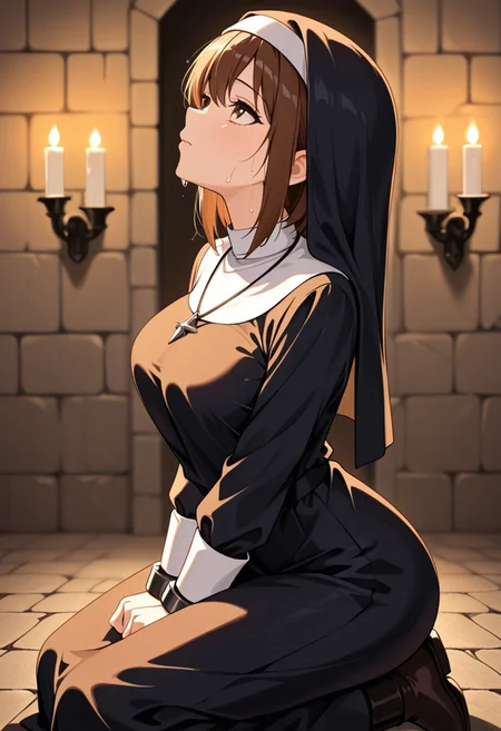 masterpiece, best quality, good quality, very aesthetic, absurdres, newest, 8K, depth of field, in the style of cknc, artist:moriimee, in the style of cksc,
1girl, short brown hair, hazel eyes, medium breasts, perky, tattered habit, iron shackles, sweaty skin, kneeling in prayer, looking up, from side
BREAK
dim monastery, stone walls, candles flickering
BREAK
warm light, high contrast, soft focus, golden hour lighting, rich details, somber glow
