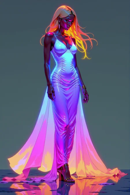 A digital painting featuring a semi-realistic beautiful shapy young Italian female character standing close gracefully in aesthetic pose, her glowing long hair flowing in soft waves as if moved by a gentle breeze. She wears a long sleek flowing dress that appears to glow brightly in shades of flashy orange at the top and hair, day-glo violet in the middle and glowing pink bottom of the hem, creating a vibrant gradient of luminous colors against the very dark gradient background. Very dim lighting, dark environment. The woman stands barefoot, her reflection is clearly visible on the perfectly clean reflective surface below her, which glows faintly the colors of her dress. Her body posture is confident and elegant. The overall neon lighting effect and the soft yet vibrant color transitions create a futuristic and dreamlike atmosphere., dynamic, dramatic, vibrant colors. <lora:DGLO_style_v.6:0.8>