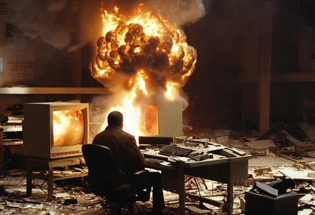 Niko Bellic is operating a computer, (It says "404" on the screen:1.5), A blown-up computer on a desk,  Ruined Keyboard, Ruined Mouse, Ruined Monitor, Fire, thunder and lightning,smoke, the room that exploded, explosion artstyle, close-up, cinemascope, film, lens, cinematic, shown from reverse