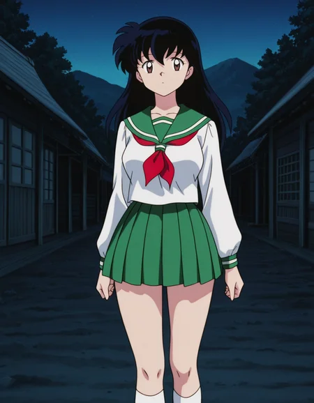 official style,Higurshi kagome (2000s anime analog),retro artstyle,black hair,long hair,bangs,brown eyes,school uniform,serafuku,green sailor collar,red neckerchief,white shirt,green pleated skirt,white socks,
looking at viewer,
medium large breasts,
perky breasts,explicit,hair between eyes,(bold:3.12),thick outline,black outline,harsh lines,soft lines,deluster,boldline,curvy,slim,(hat:-1),
expressionless,
(anime screencap),(anime coloring:1.2),anime screenshot, animated painting, animated gif,2d cel anime,anime cap,anime,anime style,anime cel,Cel shading,cel shaded,soft brightness,perfect face,perfect nose, perfect hair, perfect eyes,perfect female body,perfect skin,a face of perfect proportion,perfect lighting,perfect anatomy,perfect proportion,perfect hands,perfect legs,perfect fingers,masterpiece,super fine illustration,best quality,very aesthetic,absurdres,16k,intricate detail,amazing quality,detailed linework,vibrant colors,kawaii,flat color,sky,(Japanese Ancient Village:2),mountain,forest,night,
<lora:ç¬å¤åæ¥æ®ããã2000年代ã¢ãã¡ã¢ããã°ä½ç»é¢¨illustriousInuyashaHigurashi_Kagome2000s_anime_analog_painting_Styleillustrious:1:0.8>