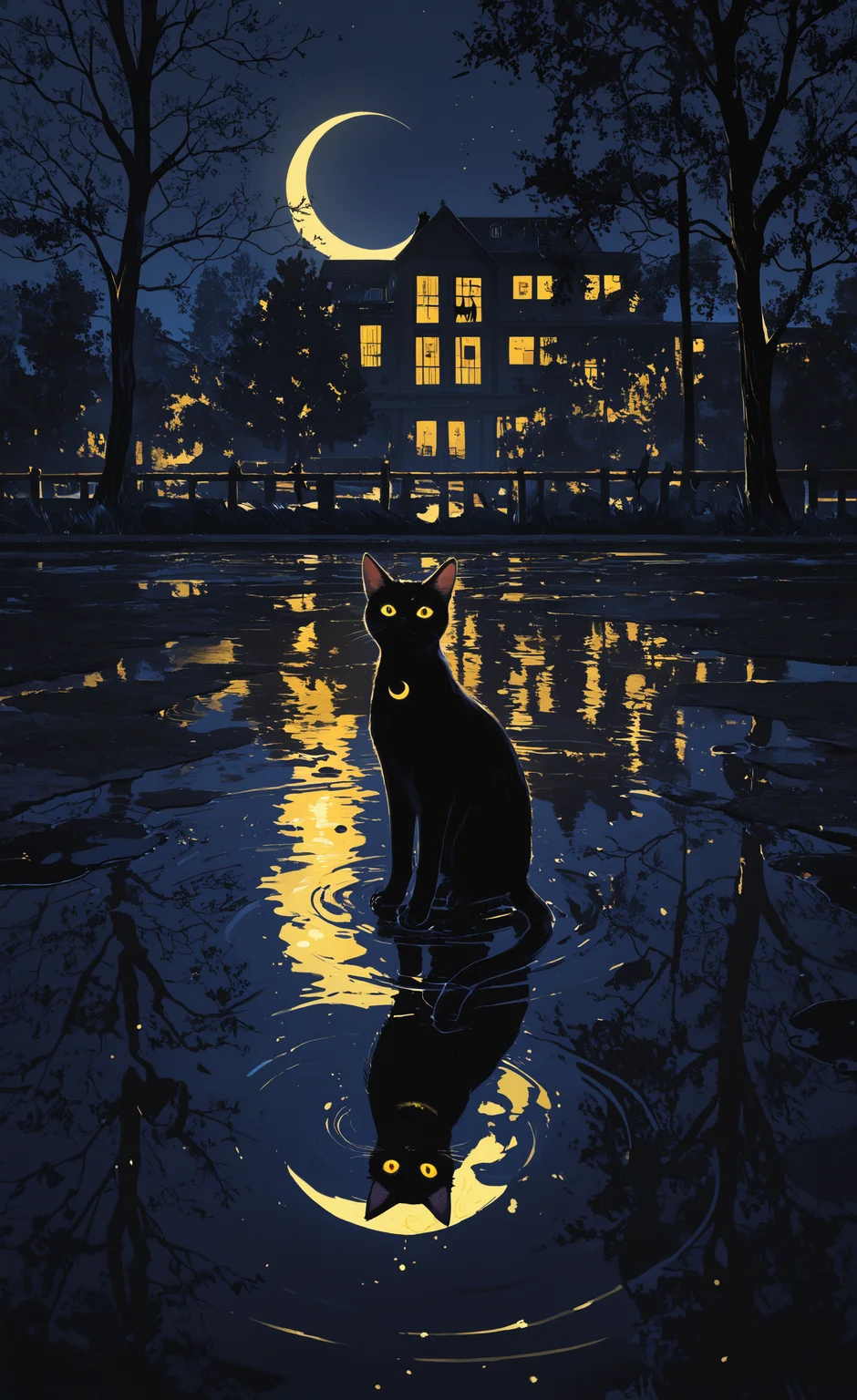 masterpiece, best quality, good quality, very awa, newest, highres, absurdres, yellow eyes, outdoors, water, tree, no humans, window, night, moon, cat, building, colored sclera, reflection, animal focus, black cat, crescent moon, ripples, yellow sclera, puddle, reflective water, limited palette, <lora:illustriousXL_stabilizer_v1.23:0.3> <lora:NOOB_vp1_detailer_by_volnovik_v1:0.3> <lora:ponyv6_noobE11_2_adamW-000017:0.3> <lora:114558v4df2fsdf5:0.6> <lora:XXX667:0.4> <lora:mon_monmon2133:0.5>