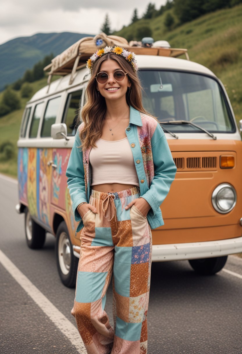 (medium full shot) of (artistic hippie) young woman, british, tan skin, brown eyes, lithe build, long brown french twist hair, wearing a pastel colors patchwork jacket, wide-leg pants, flower crown, flip-flops, beaded bracelets, round sunglasses, set in the 1960s, in  road Trip, hippie van on a winding road, scenic landscapes passing by, people inside laughing and singing, windows rolled down, woman smiling, Masterpiece,best quality, photo, realistic, very aesthetic, detailed face,