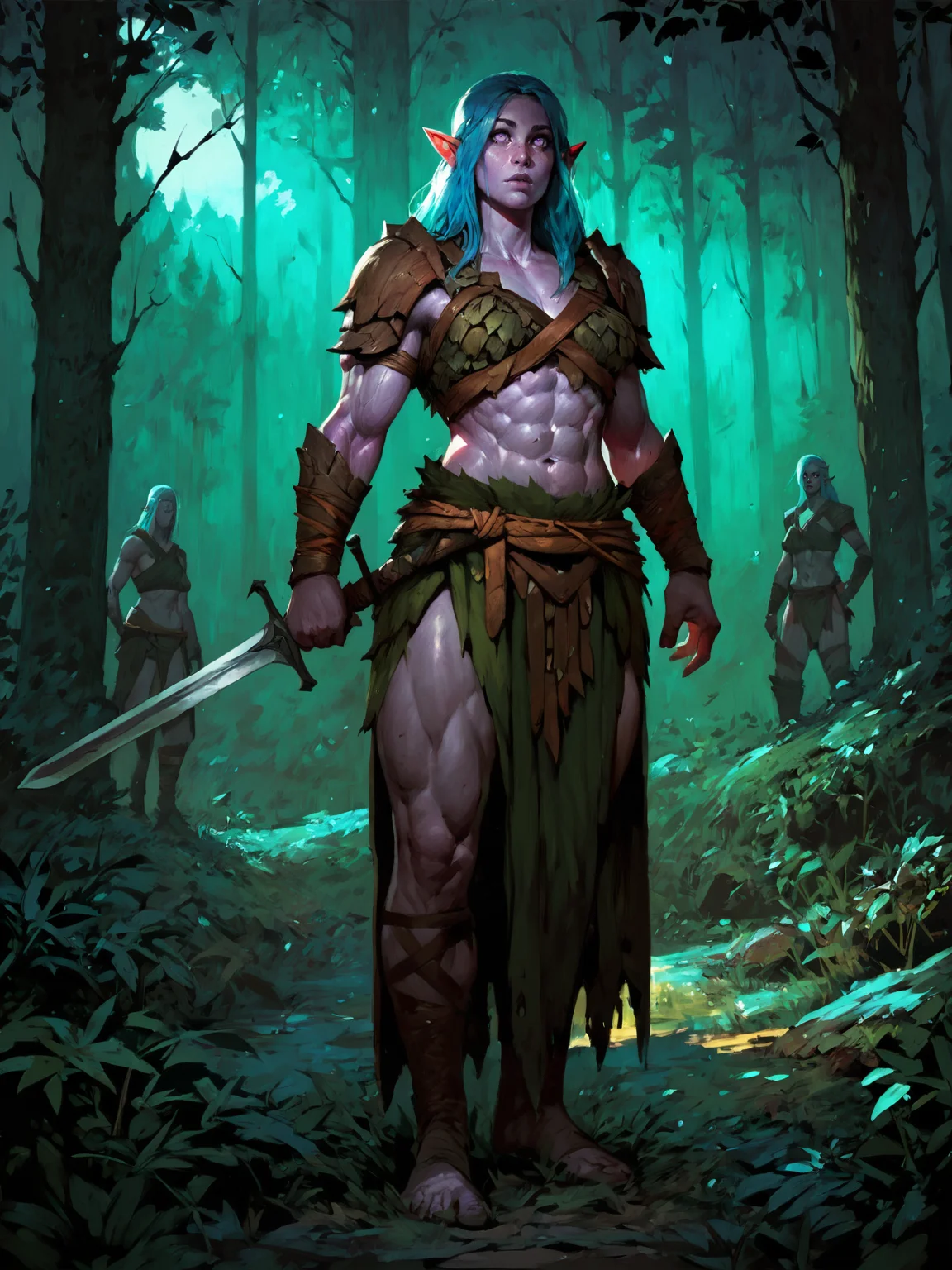 adult woman, elf, purple eyes, purple skin, muscular female, blue hair, long hair, druid armor, standing, holding sword, black forest, night, outdoors, <lora:GWENTXLV3:0.8>, score_9, score_8_up, score_7_up