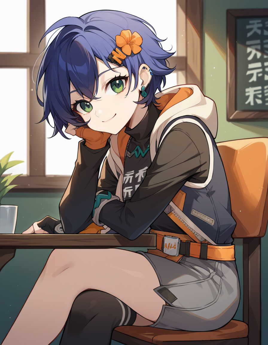 score_9, score_8_up, score_7_up, source_anime, <lora:zzz-belle-ponyxl-lora-nochekaiser:1>, belle, blue hair, green eyes, hair ornament, short hair,, belt, black shirt, black thighhighs, clothes writing, earrings, fingerless gloves, gloves, grey shorts, jewelry, long sleeves, orange belt, orange flower, orange socks, shirt, single fingerless glove, single thighhigh, jacket, hoodie, turtleneck,, indoors, smile, looking at viewer, solo, sitting, head rest, table,, cowboy shot, dutch angle