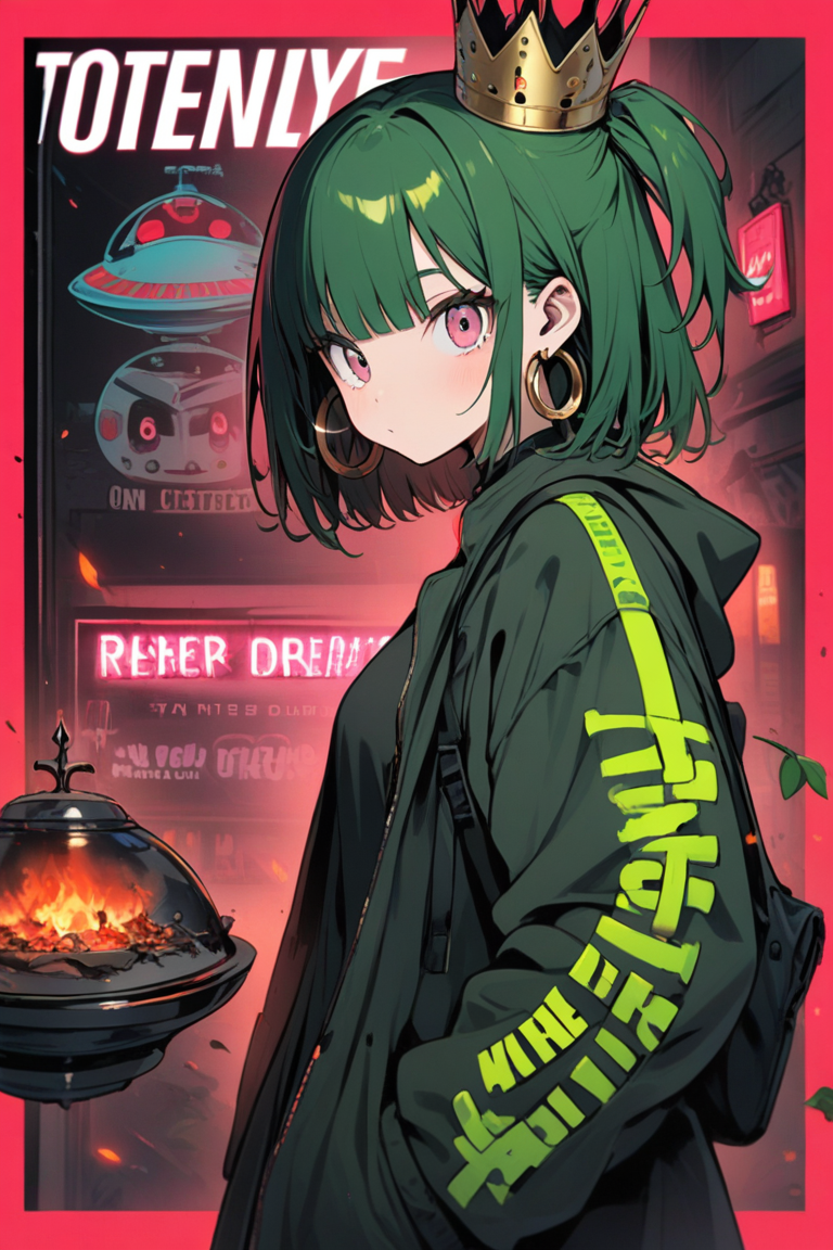 <lora:Wild_Anime_2025:0.7>,
1girl, bag, bangs, black hair, black legwear, blunt bangs, braided ponytail, breasts, brown hair, bug, bullpup, burning, close-up, crown, cup, cyborg, embers, english text, from side, green hair, hair between eyes, hoop earrings, jacket, leaf, long sleeves, looking at viewer, magazine cover, neon lights, nike, one side up, outdoors, pink eyes, plate, red border, short hair, solo, two-tone background, ufo, wild_style